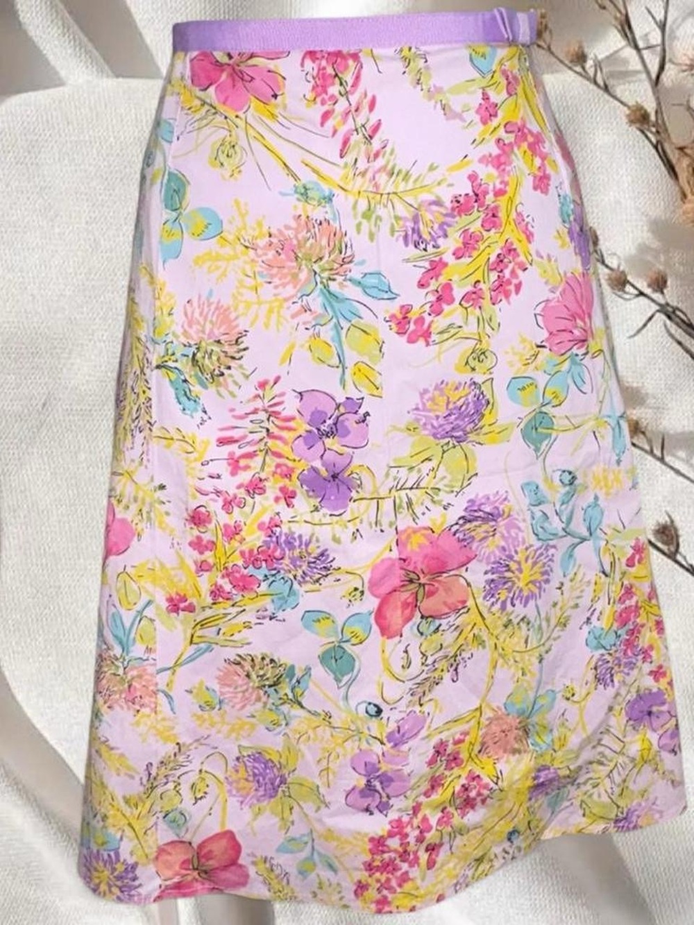 NWT Rafaella Floral Midi A-Line Skirt Pink Purple Grosgrain Ribbon Waist